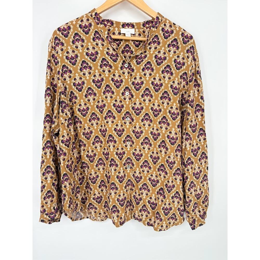 J Jill‎ Button Front Top Caramel Floral Fan 2X Bohemian Boho Business Casual